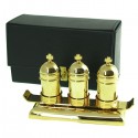 CASE WITH THREE VASES AND A TRAY